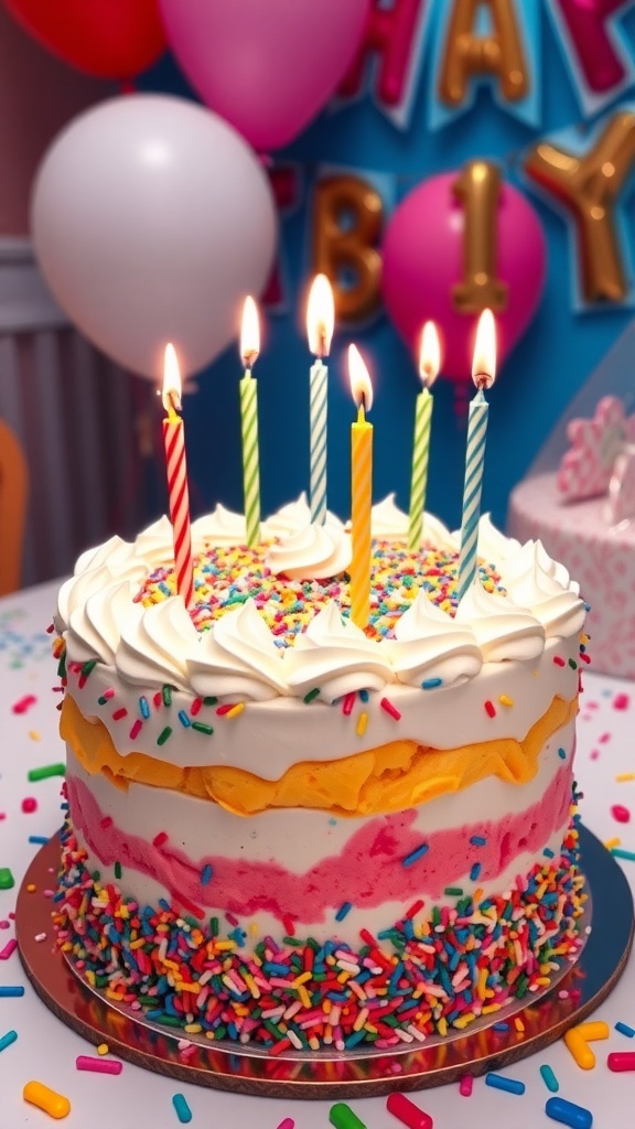 A vibrant ice cream cake with sprinkles and whipped cream, adorned with birthday candles, ready for a child